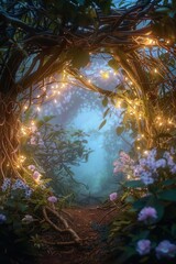 Fototapeta premium A frame made of intricate branches and vines, adorned with glowing fairy lights and delicate flowers, leading into a clear, mystical portal-like opening surrounded by a soft, ethereal glow. 