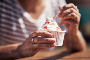 Hands, person and ice cream serving with sorbet, restaurant and catering in summer for customer...