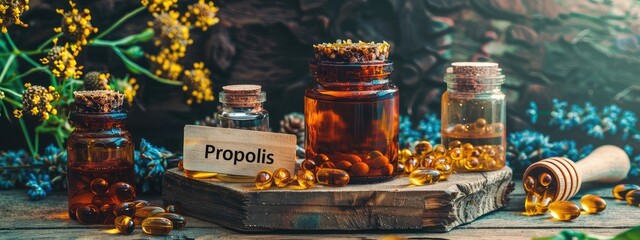 Propolis tincture in a bottle. Selective focus.