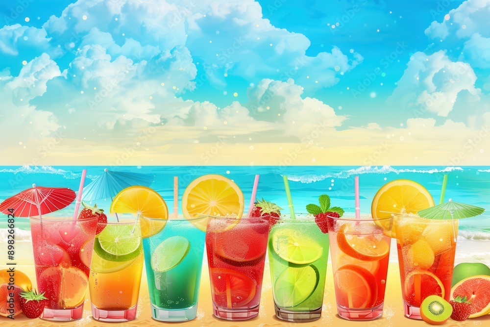 Poster refreshing summer cocktails garnished with fruit and umbrellas on a beach with a blue ocean and sky 