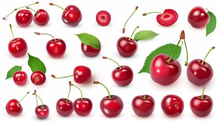 A collection of red cherries with green leaves. The cherries are in various stages of ripeness, with some still unripe and others already ripe. Concept of abundance and freshness