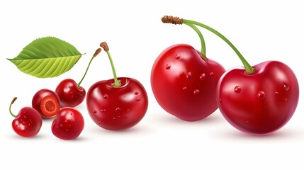 Obraz premium A bunch of red cherries with a leaf on top. The cherries are in different stages of ripeness, with some being more ripe than others. Concept of abundance and freshness