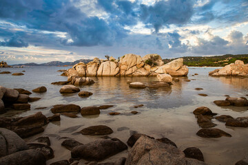 famous Palombaggia beach with rocks  at sunset Corsica island  France