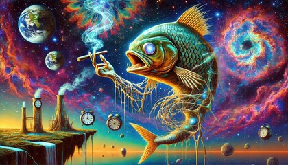 Fototapeta premium A surreal painting of a cosmic piranha. Leaves of cannabis float around it, with stars and colorful psychedelic nebulae in the background.