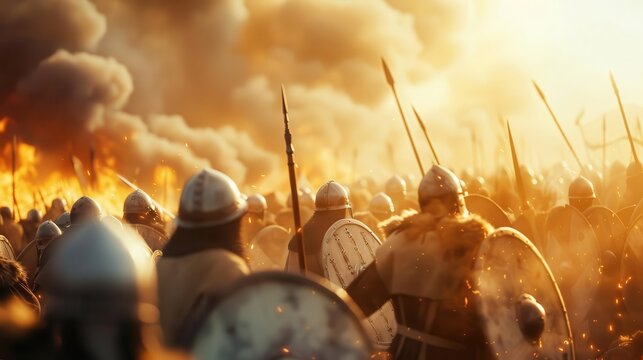 Historical medieval battle scene with armored soldiers, swords, and shields amid intense fire and smoke during sunset.