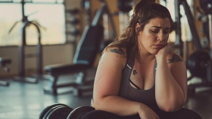 Fototapeta premium A mildly overweight beautiful woman, in gym, wearing exercise clothes, sitting on weights, frustrated, tired, looking at the floor