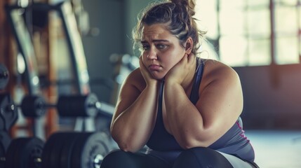 Fototapeta premium A mildly overweight beautiful woman, in gym, wearing exercise clothes, sitting on weights, frustrated, tired, looking at the floor
