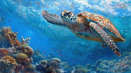Fototapeta premium A sea turtle swims in the blue sea.