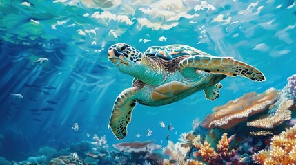 Fototapeta premium A sea turtle swims in the blue sea.
