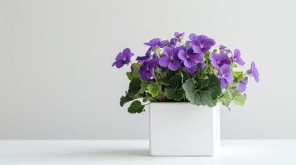 Fototapeta premium Purple flower bouquet in white pot on clean white room background