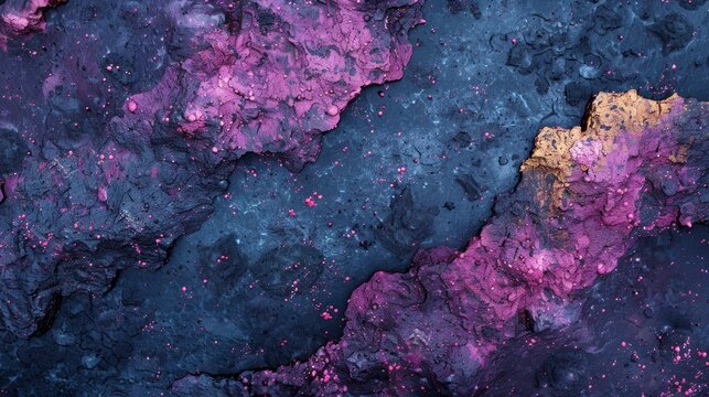  A detailed shot of a rock adorned with purple and gold paint splatters, featuring a yellow mark in its center