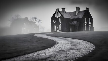 black and white photo of a house with a large yard. The scene includes trees, grass, and a foggy sky