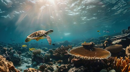 A turtle swims in the ocean along a coral reef.