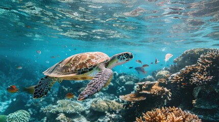 Obraz premium A turtle swims in the ocean along a coral reef.
