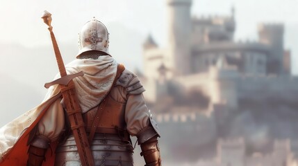 Fototapeta premium Medieval knight in armor gazing at a majestic castle in the distance, symbolizing bravery and adventure in a historical fantasy setting.