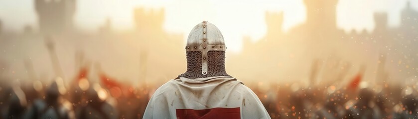 Obraz premium Medieval knight in armor facing an army in front of castle walls at sunrise, symbolizing courage, warfare, and historical battles.