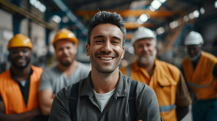 Naklejka premium Portrait of smiling factory worker in front of group of diverse workers