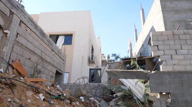 Debris of a building that collapsed due to a missile attack by Israeli IDF soldiers in the city of Rafah, Palestine