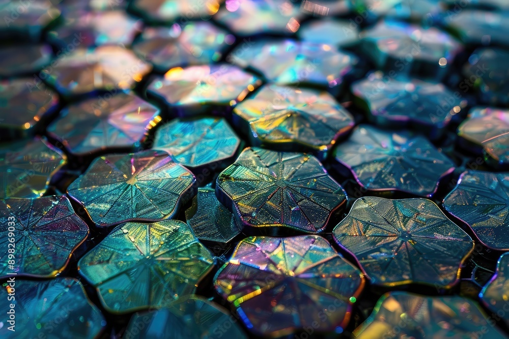 Poster shimmering hexagon composition, vibrant crystals creating unique abstract pattern, ai generated