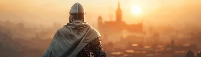 Medieval knight in armor overlooking a sunset cityscape, evoking a sense of adventure and historical romance.