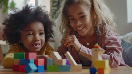 A cute little girl sits at a table with her mother, playing with colorful wooden bricks to build a pyramid.