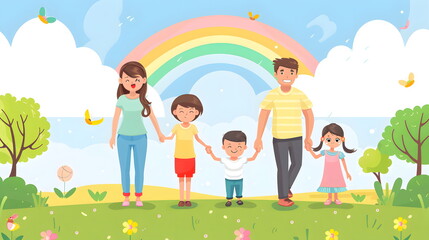 Fototapeta premium A family happily walking outdoors together Suitable for use in many ways, such as the cover of magazines or family books, campaign posters, teaching media, presentation illustrations background.