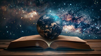 Conceptual Earth Open Book Glowing Starry Sky