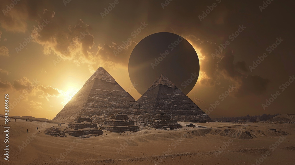 Poster the sun is setting behind the pyramids. the sky is filled with clouds and the sun is casting a warm 