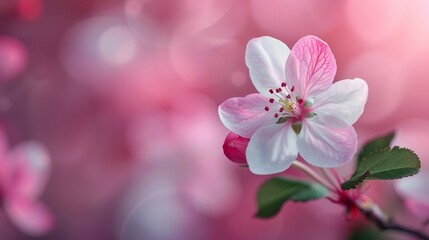  A close-up of a pink and white flower against a pink and white backdrop with blurred green leaves in the background