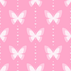 White butterflies, hearts and dots on pink background. Vector seamless pattern. Best for textile, print, wallpapers, and wedding decoration.