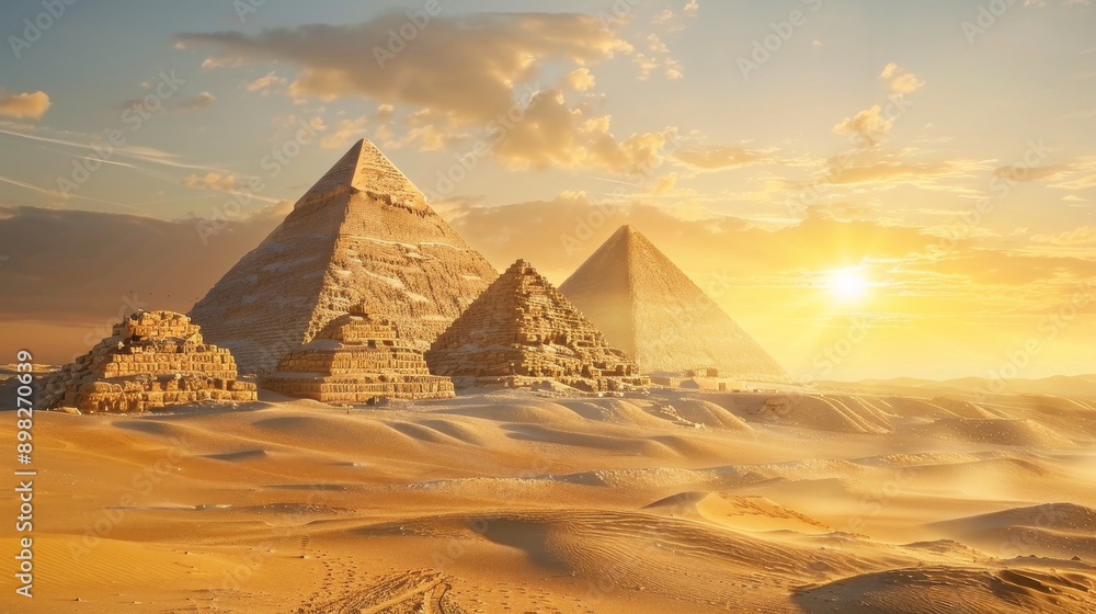 Poster the sun is shining on the pyramids, creating a warm and inviting atmosphere. the golden light highli
