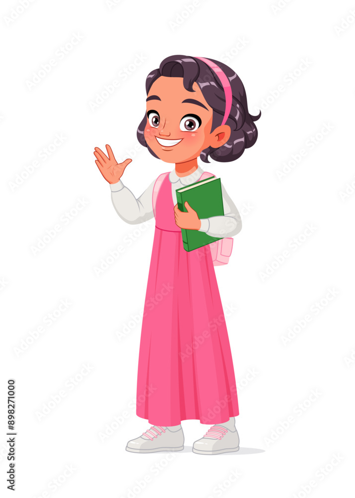 Wall mural arab school girl with a book waving. cartoon vector illustration.