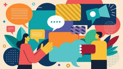 Trendy Halftone Collage with Hand holding speech bubbles. Social media communication. Contemporary art. Empty space for quote, plan and idea. Creative abstract template