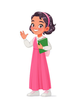 Arab school girl with a book waving. Cartoon vector illustration.