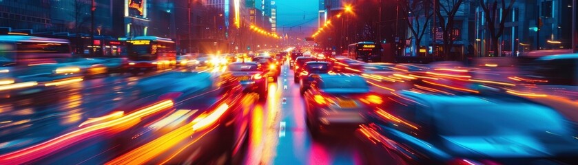 Vibrant Night City Traffic with Colorful Light Trails on a Busy Urban Street