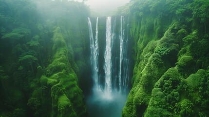  A sizable waterfall, encircled by a verdant forest teeming with numerous green plants, and ensconced within lush trees that border the surrounding body of water