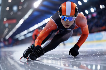 A Speed Skater Leans Into a Tight Turn at the World Short Track Championships