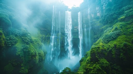 Obraz premium In the heart of a dense, verdant forest teeming with trees and shrubs, stands an impressively tall waterfall, shrouded in morning fog