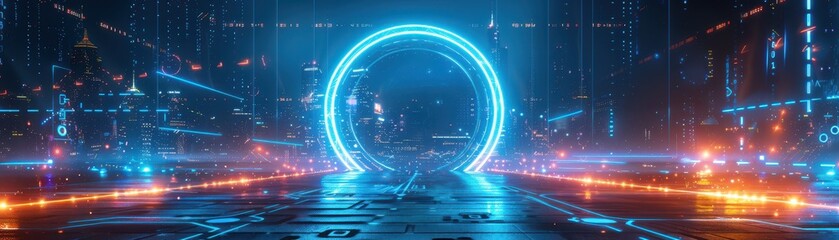 Futuristic Neon Cityscape with Glowing Blue Portal and High-Tech Skyscrapers at Night