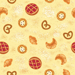 Raster seamless appetizing pattern with fresh delicious pastries: pretzel, fruit pie, bagel, croissant, cheesecake with raisins, powdered sugar, cinnamon for the kitchen, bakery, cafe, wallpaper