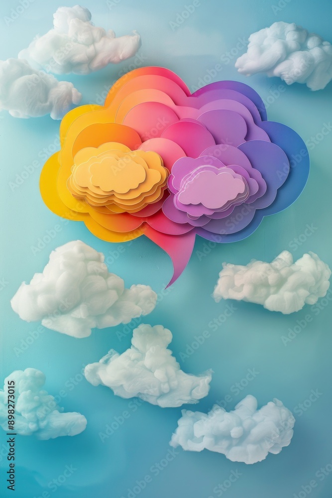 Wall mural a colorful thinking bubble cloud above clouds, symbolising positive thinking