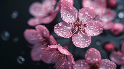  Black backdrop with several pink flowers, each adorned with dewdrops