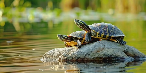 Two turtles sitting on a rock in the water