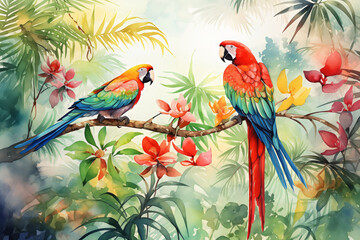 Obraz premium Watercolor illustration of two vibrant parrots perched on a tropical forest branch, surrounded by lush leaves and colorful flowers.