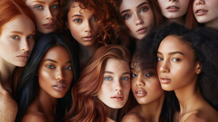 Obraz premium A vibrant, color-rich portrait of twelve women with diverse hair textures and skin tones, celebrating the beauty of differences and unity.
