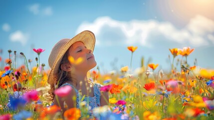  A child in a straw hat roams a field filled with wildflowers, surrounded by a blue sky