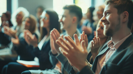 A group of people claps eagerly in a well-lit conference room, highlighting the success and positive energy of a shared experience or event.