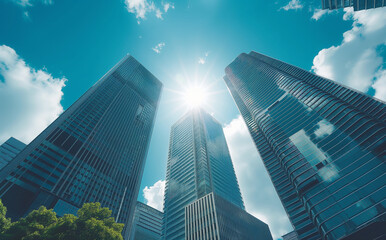 Wide angle view of highrise buildings on business district background