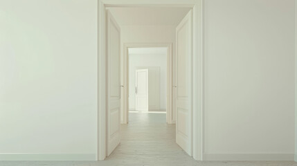 Fototapeta premium A minimalist room with white doors in a line, creating an open and airy feel with the doors symmetrically aligning.