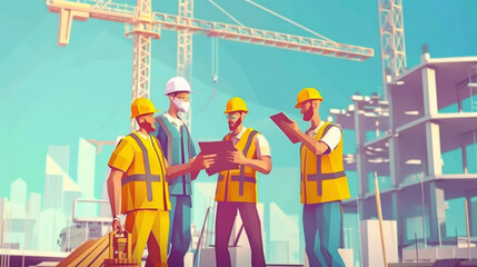 Construction site meetup with four workers in yellow vests and helmets discussing plans as cranes and unfinished structures tower behind them.